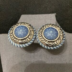 #4 - Vintage SW Blue Acrylic stone with Silver trim Button Clip-on earrings